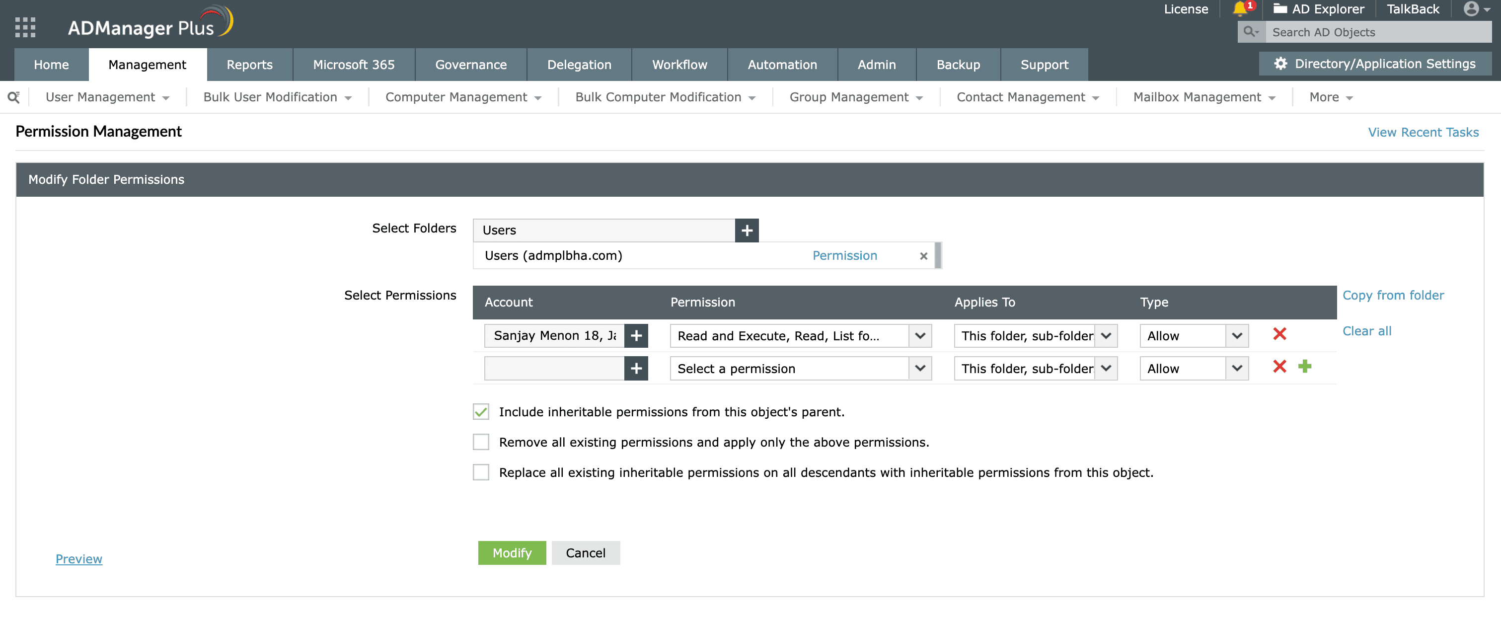 Setting folder permissions using ADManager Plus.