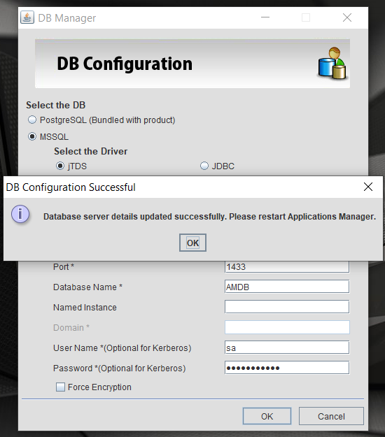 Applications Manager Using DB Configuration Tool: DB configuration success message in DB manager