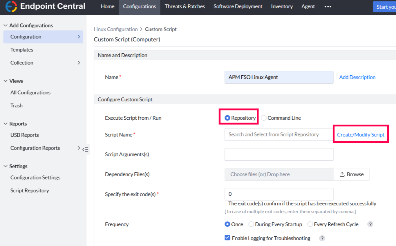 bulk-install-fso-linux-agent-endpoint-central_configuration End Point Central -> Add Configuration -> Linux -> Custom Script