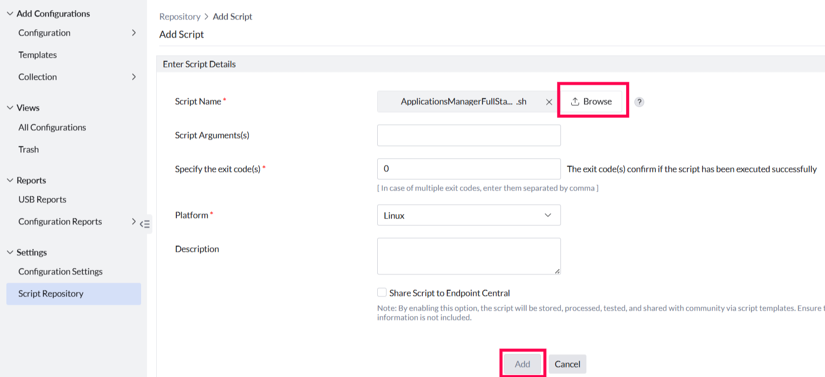 bulk-install-fso-linux-agent-endpoint-central_configuration Add Custom Script