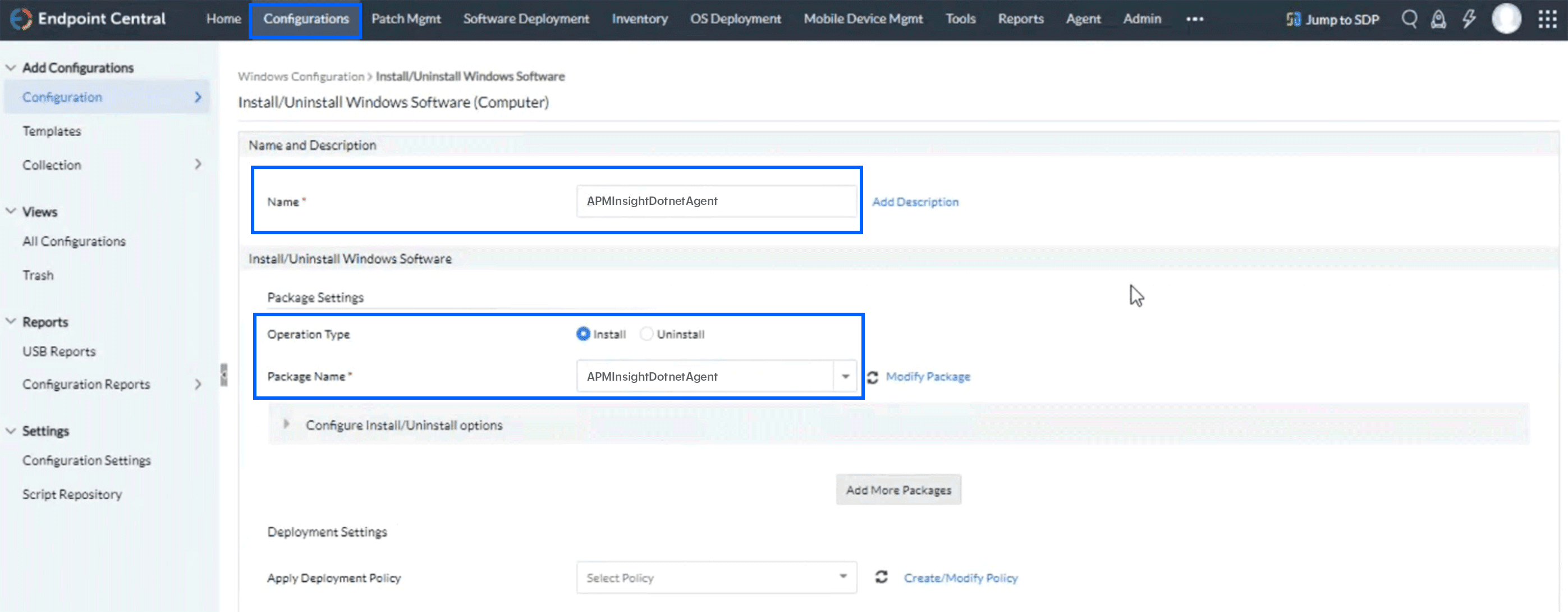 APM Insight .NET agent bulk installation using ManageEngine Endpoint Central: Created package