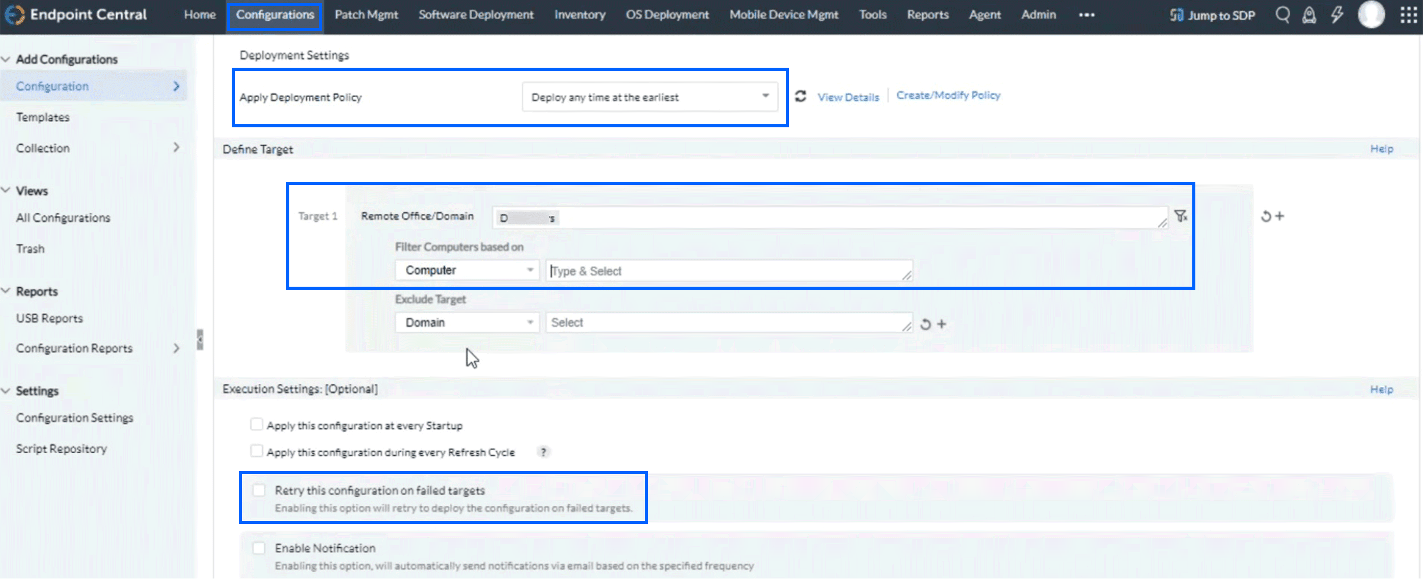 APM Insight .NET agent bulk installation using ManageEngine Endpoint Central: Deployment settings