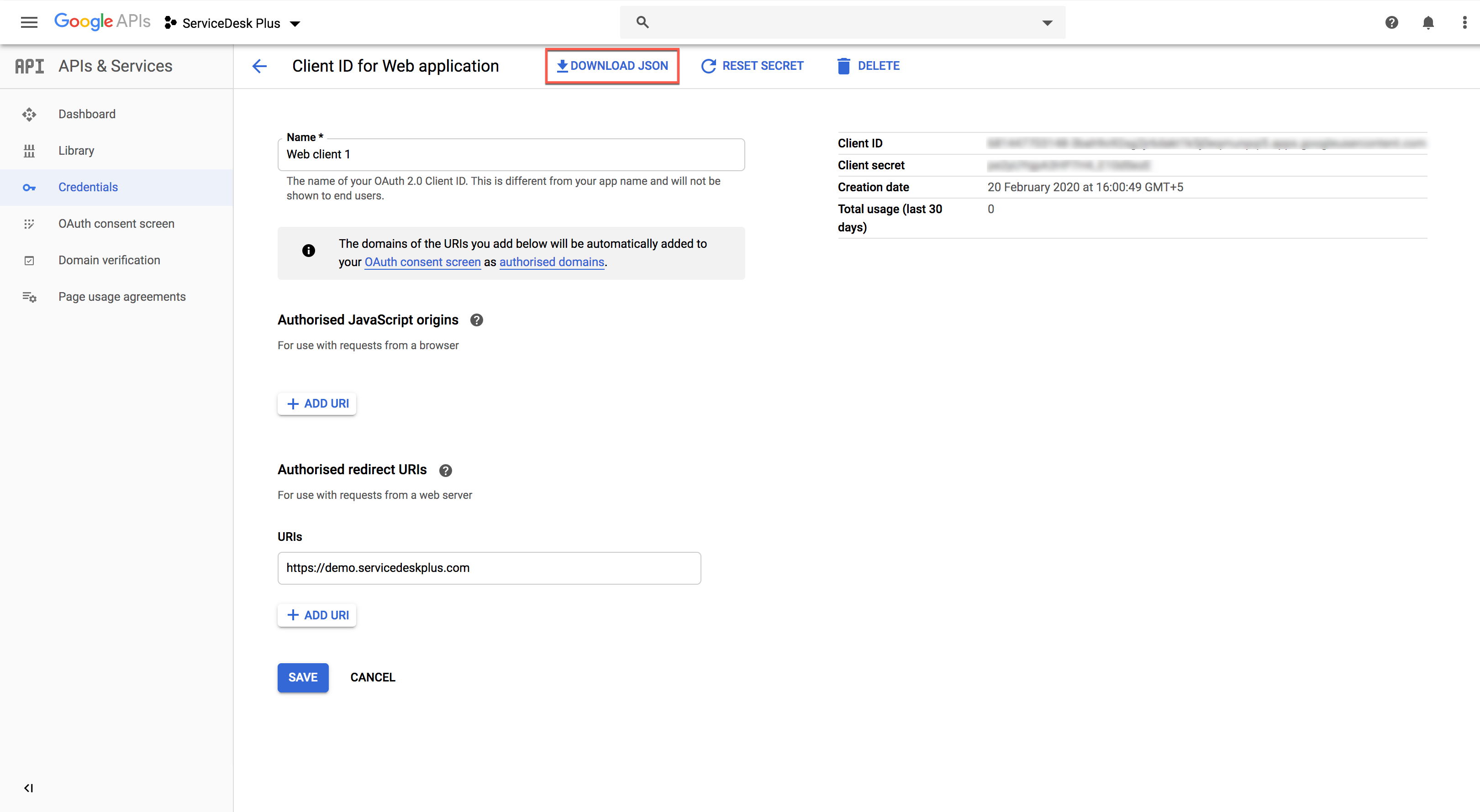 Applications Manager Configuring OAuth for G-Suite Server: Downloading JSON of authorization server details