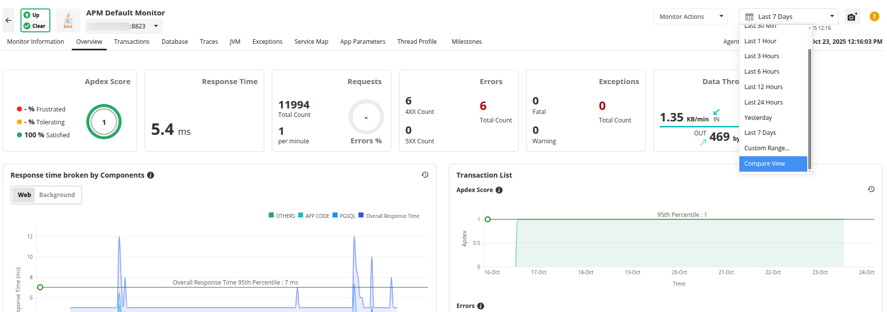Time range to view APM Insight Metrics - Applications Manager User Guide