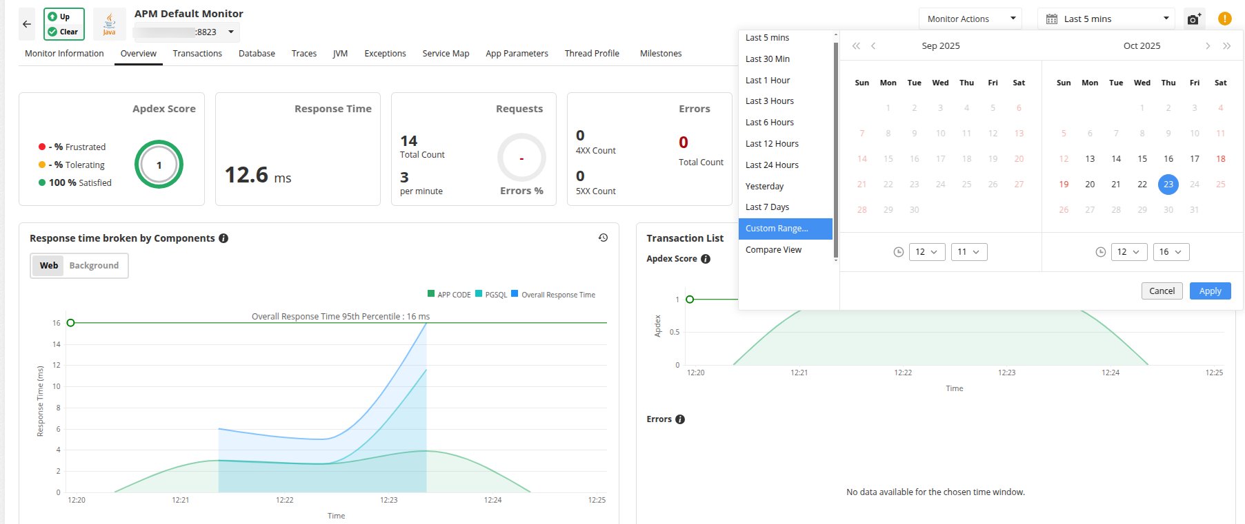 Time range to view APM Insight Metrics - Applications Manager User Guide