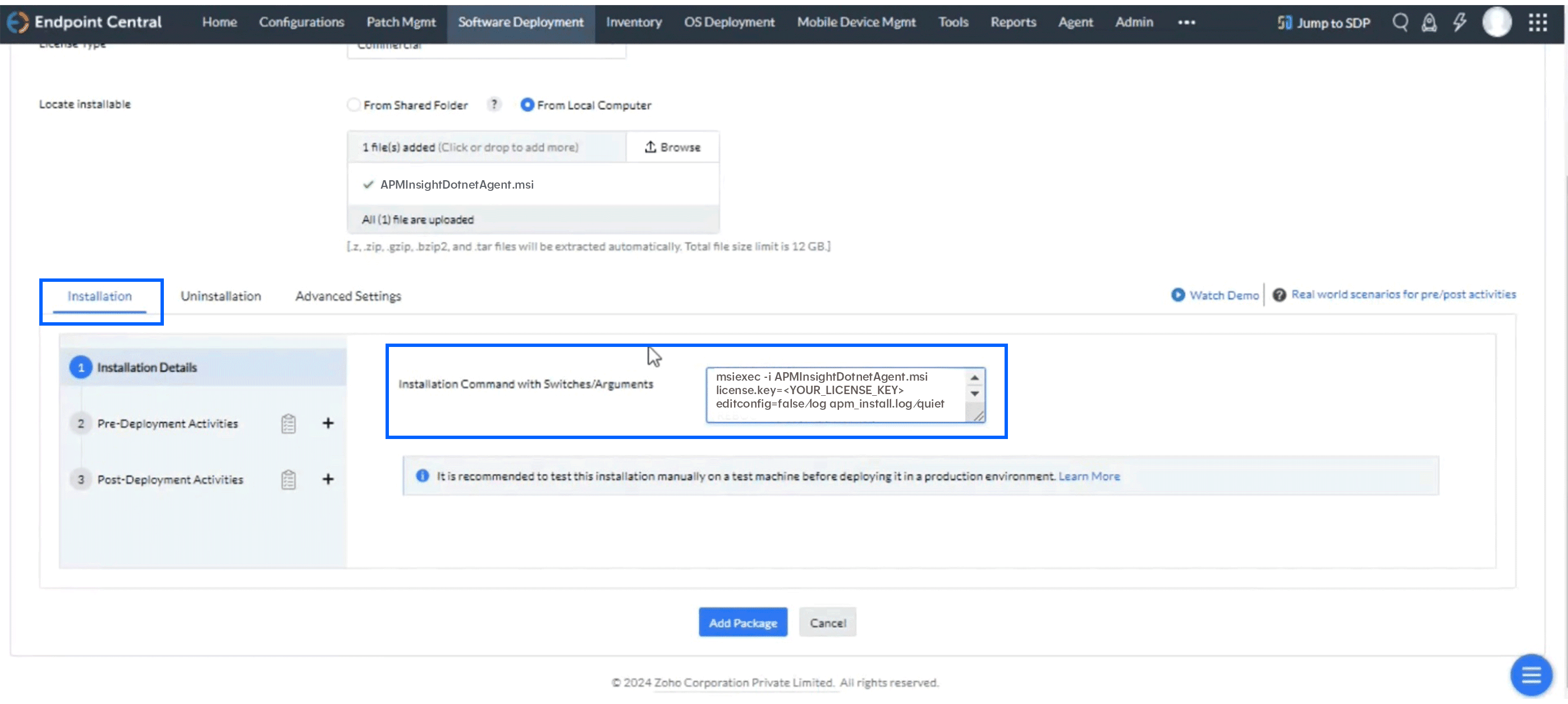 APM Insight .NET agent bulk installation using ManageEngine Endpoint Central: Installation command