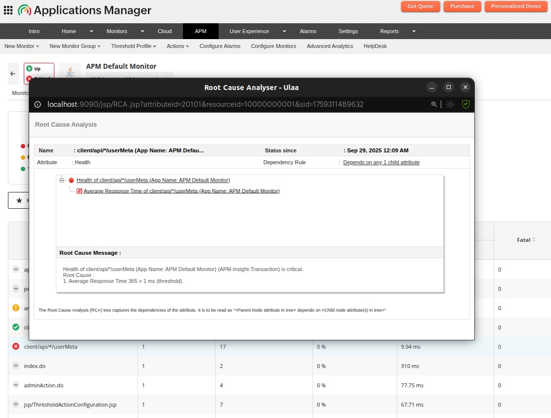 RCA for Key Transactions in APM Insight