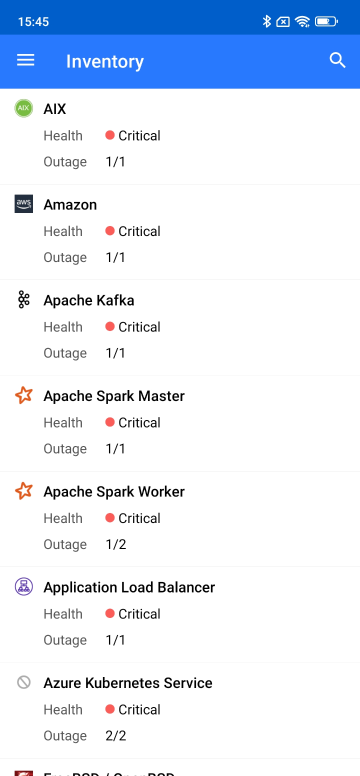 Applications Manager Mobile Apps: Viewing infrastructure/inventory widget