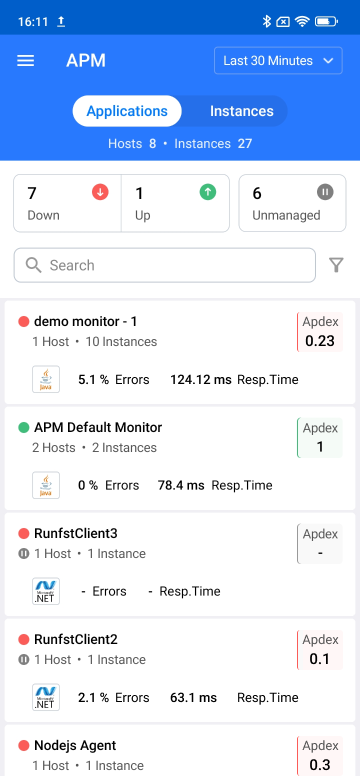 Applications Manager Mobile Apps: Viewing APM Insight monitors in APM page