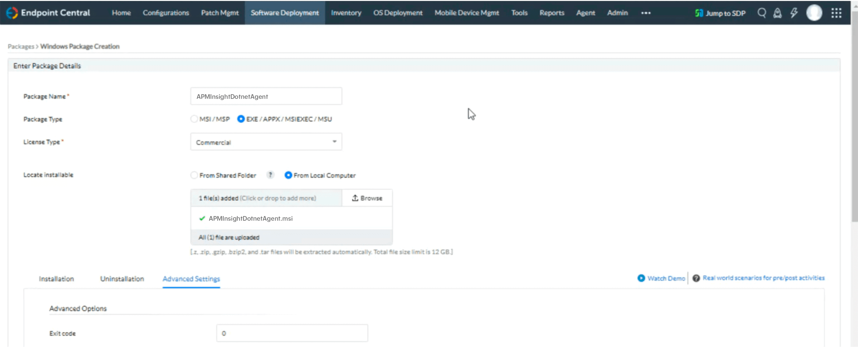 APM Insight .NET agent bulk installation using ManageEngine Endpoint Central: Package details