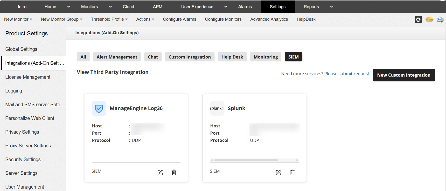 SIEM Integration tab