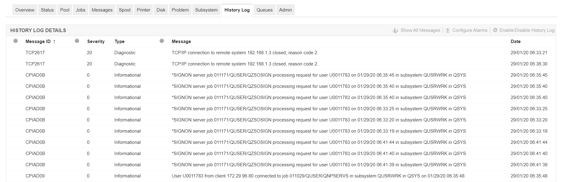 Dashboard del monitoreo de historial de logs de IBM i - Applications Manager