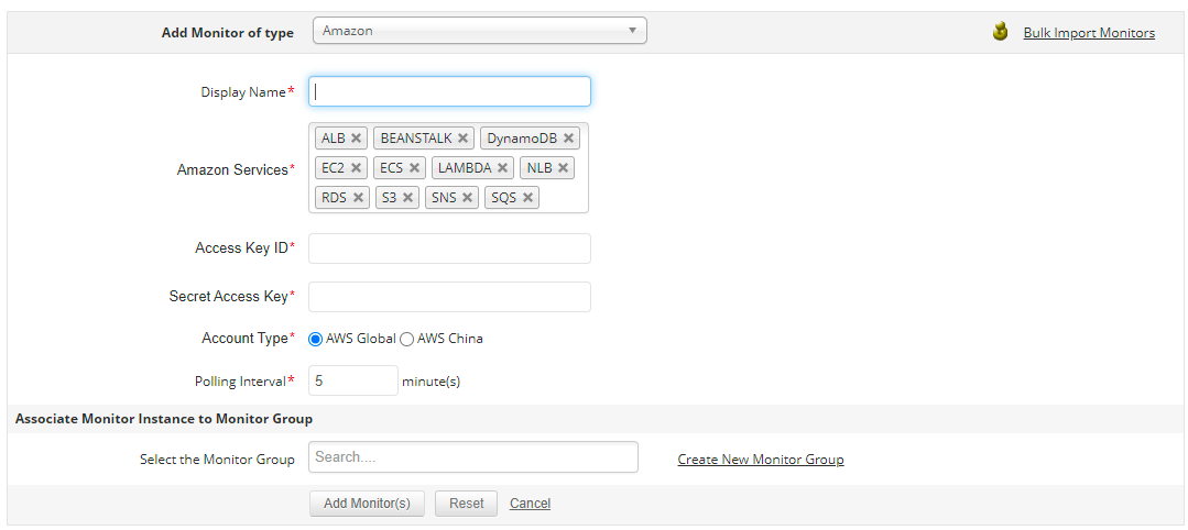 Dashboard de añadir monitor de AWS - Applications Manager