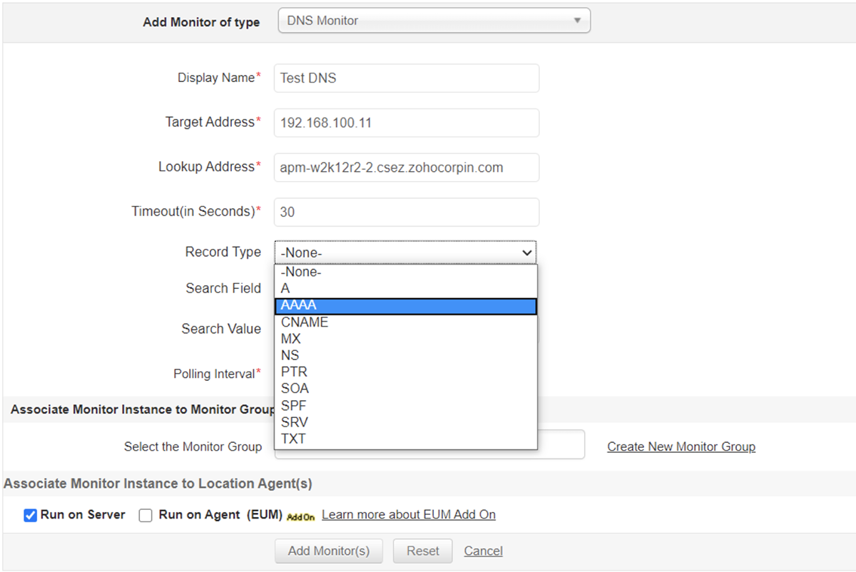 Dashboard de monitoreo de tipos de registro DNS - Applications Manager