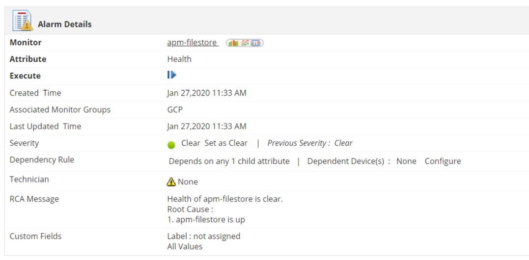 Dashboard de monitoreo de detalles de alarma Google Cloud Filestore - Applications Manager