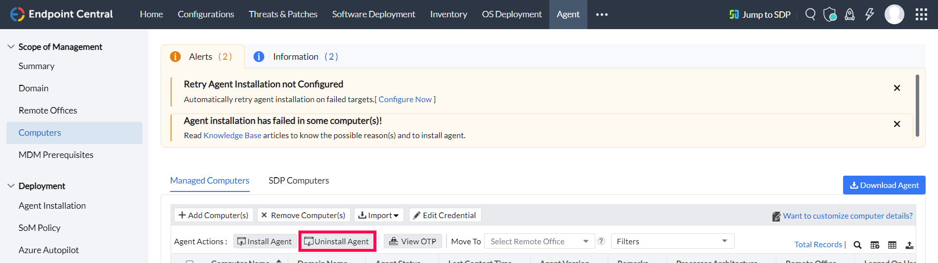Uninstall agent button in Endpoint Central Console