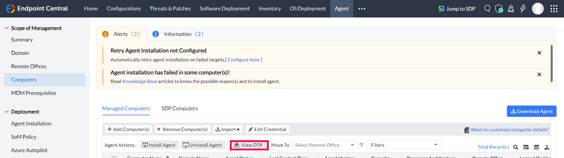 View OTP option in Endpoint Central Server