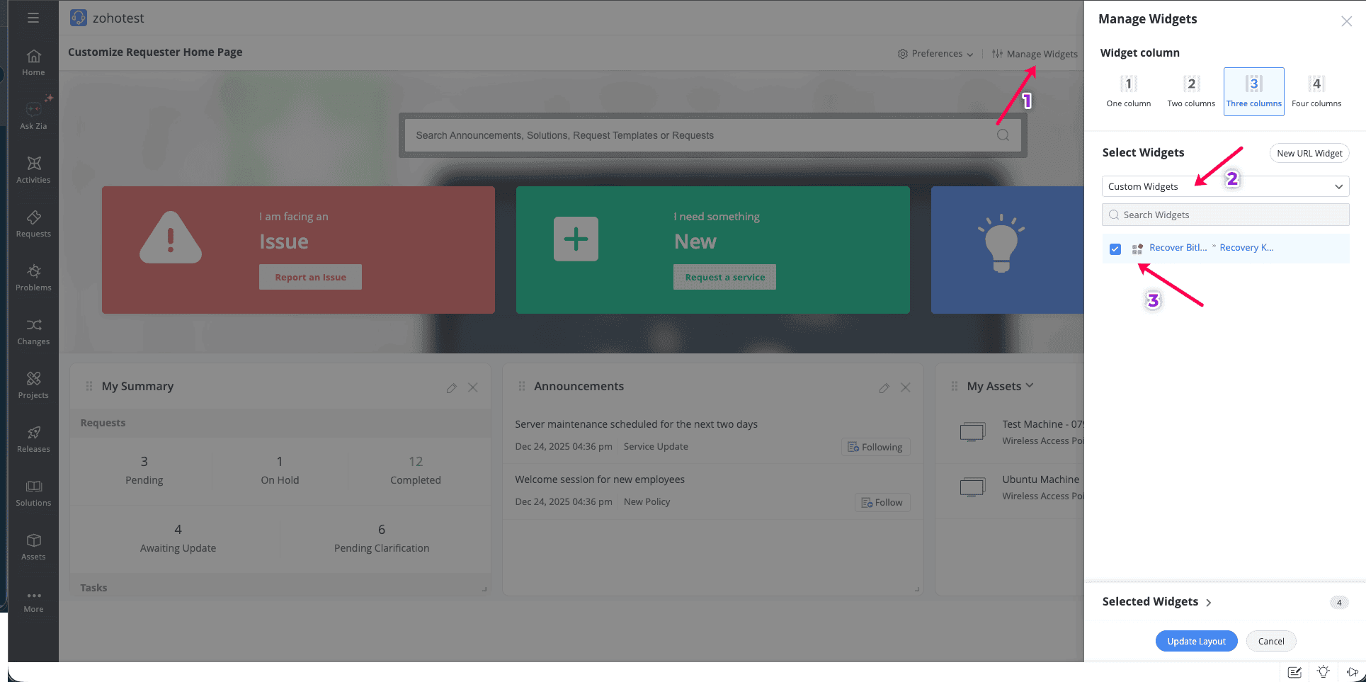 Widget zum Anforderer-Portal hinzufügen