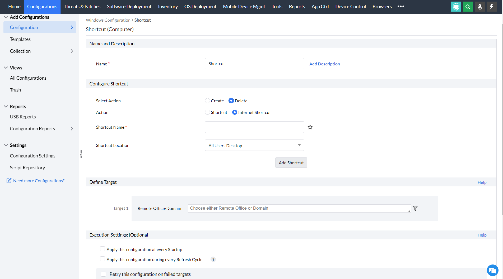 Manage Shortcuts Computer Configuration ManageEngine Endpoint Central