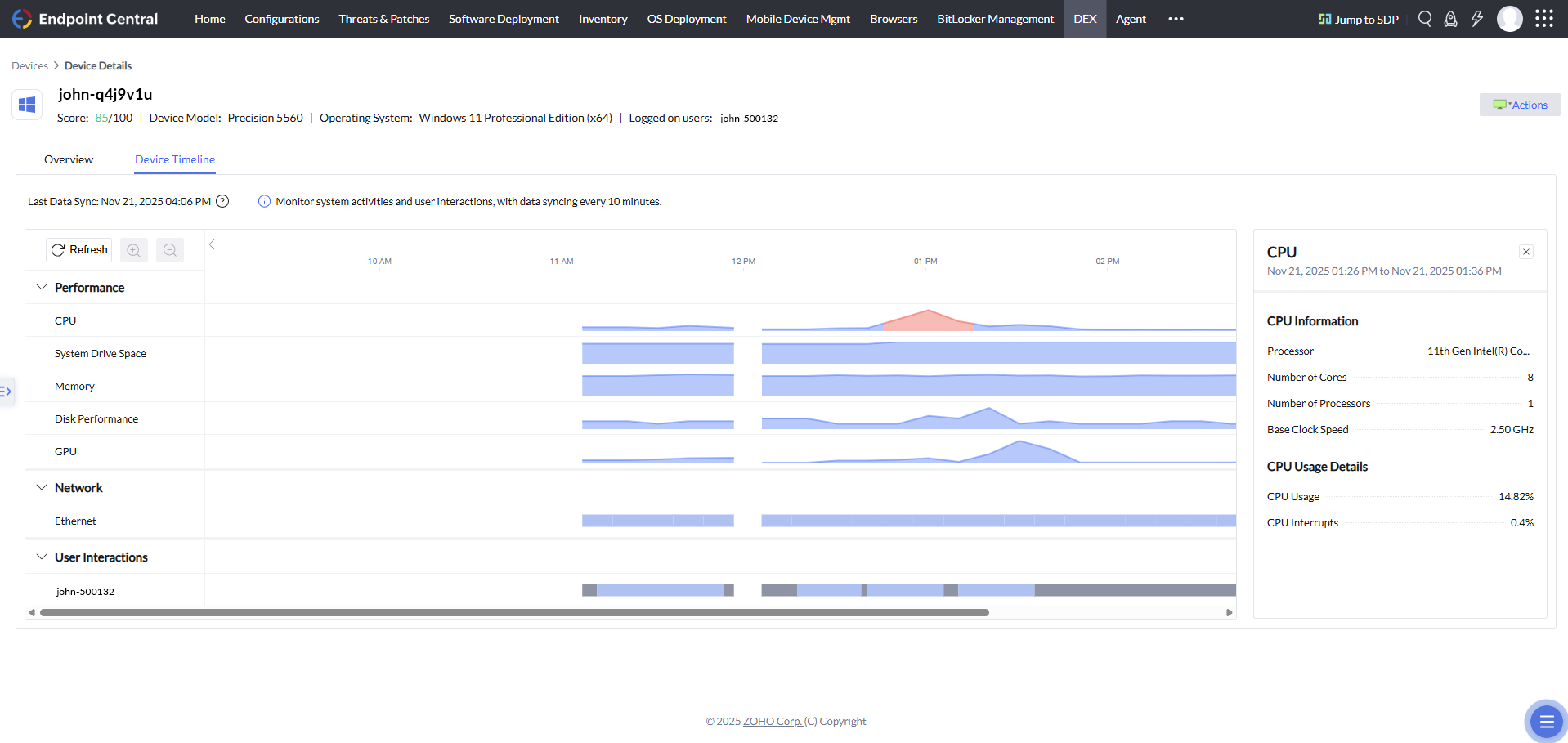 On Click of CPU metric in Device Timeline view