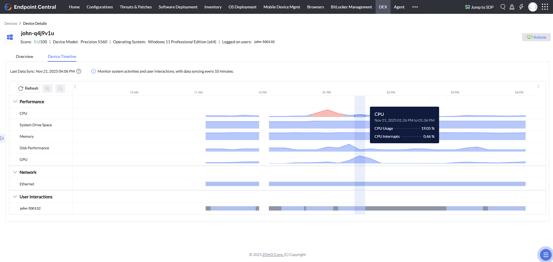 On hover of CPU metric in Device Timeline view