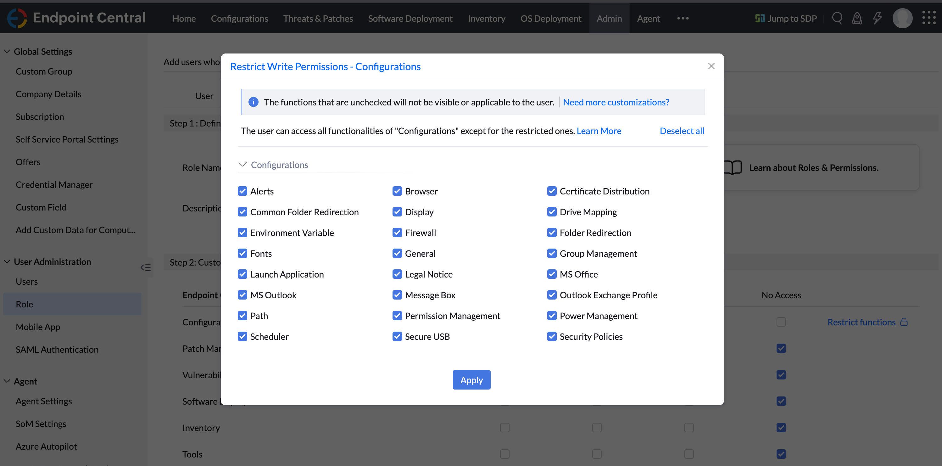 Restrict functions for configuration