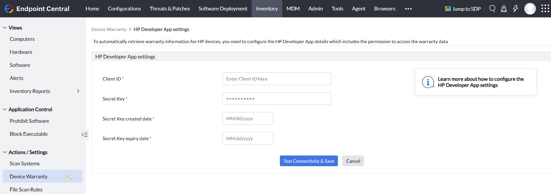 HP Warranty Device App Settings