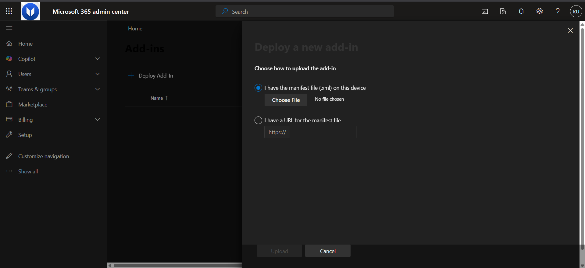 Custom app upload screen — select Upload manifest file Custom app upload screen showing the Upload manifest file option selected