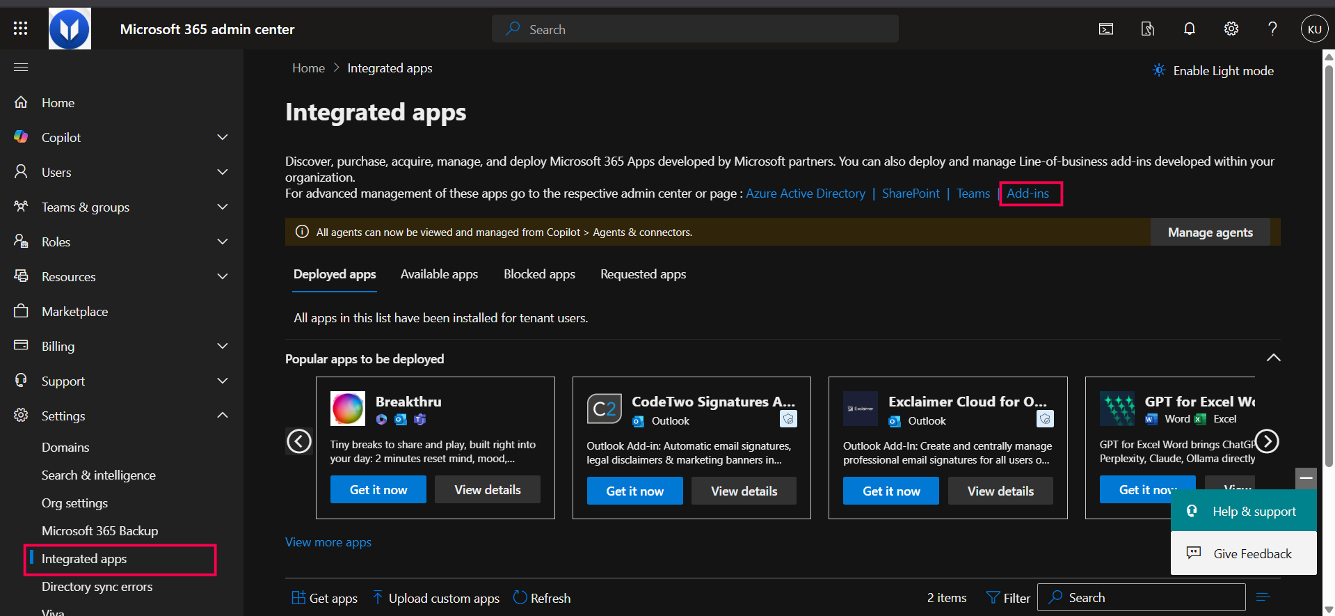 Microsoft 365 Admin Center — Settings → Integrated apps → Add-ins Microsoft 365 Admin Center showing the Settings menu with Integrated apps and Add-ins options highlighted