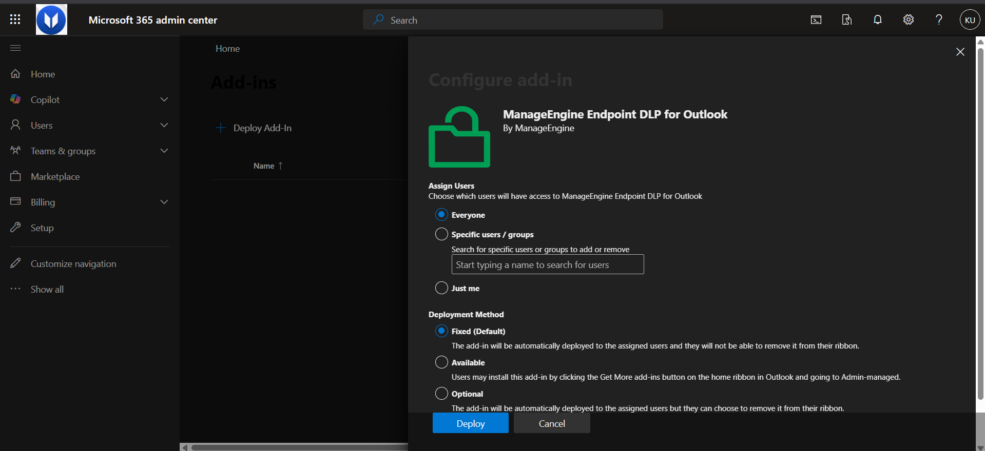 Add-in details screen — validated manifest ready to Deploy Admin Center add-in details screen showing the validated manifest and the Deploy button