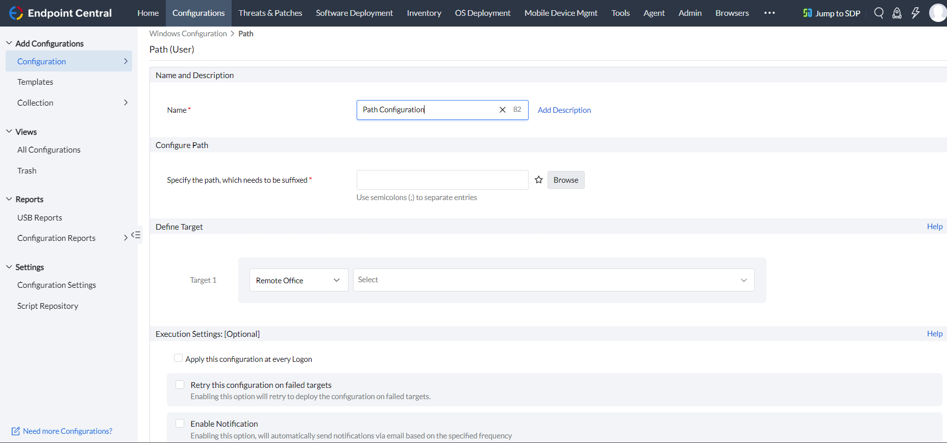Set Path | User Configuration | ManageEngine Endpoint Central