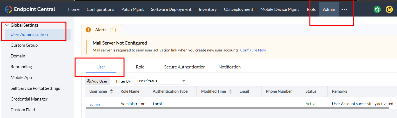 User administration tab in Endpoint Central