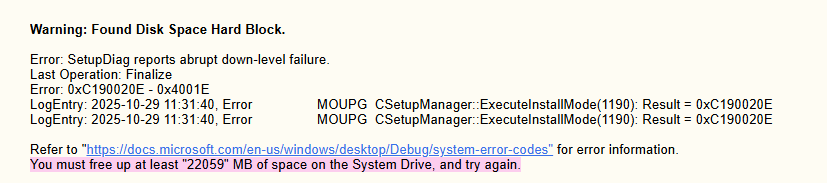 Disk Space Hard Block gefunden