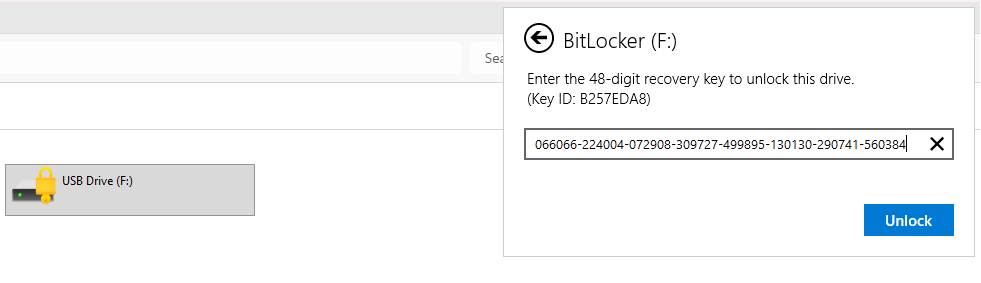 Entering recovery key to unlock USB drive