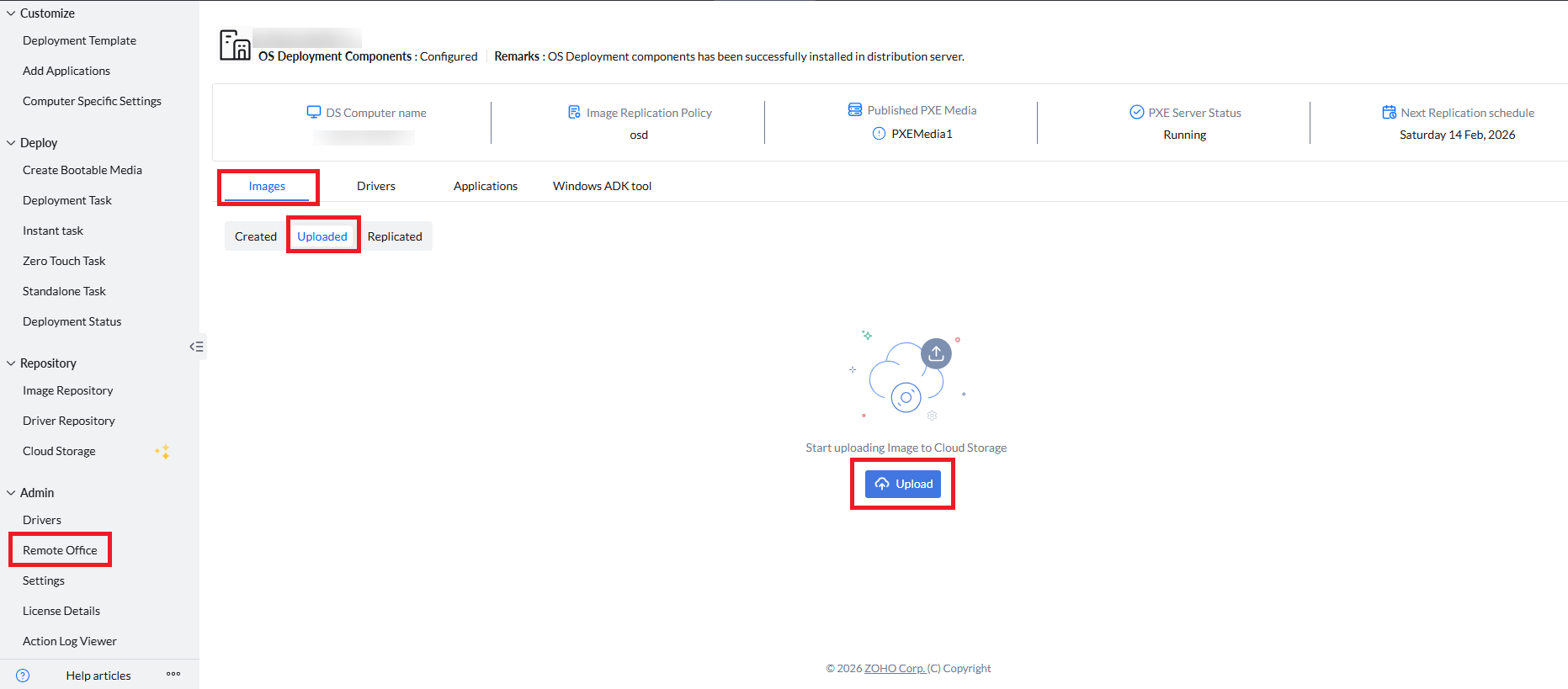 Remote Office details view showing cloud image replication status and configuration in OS Deployer