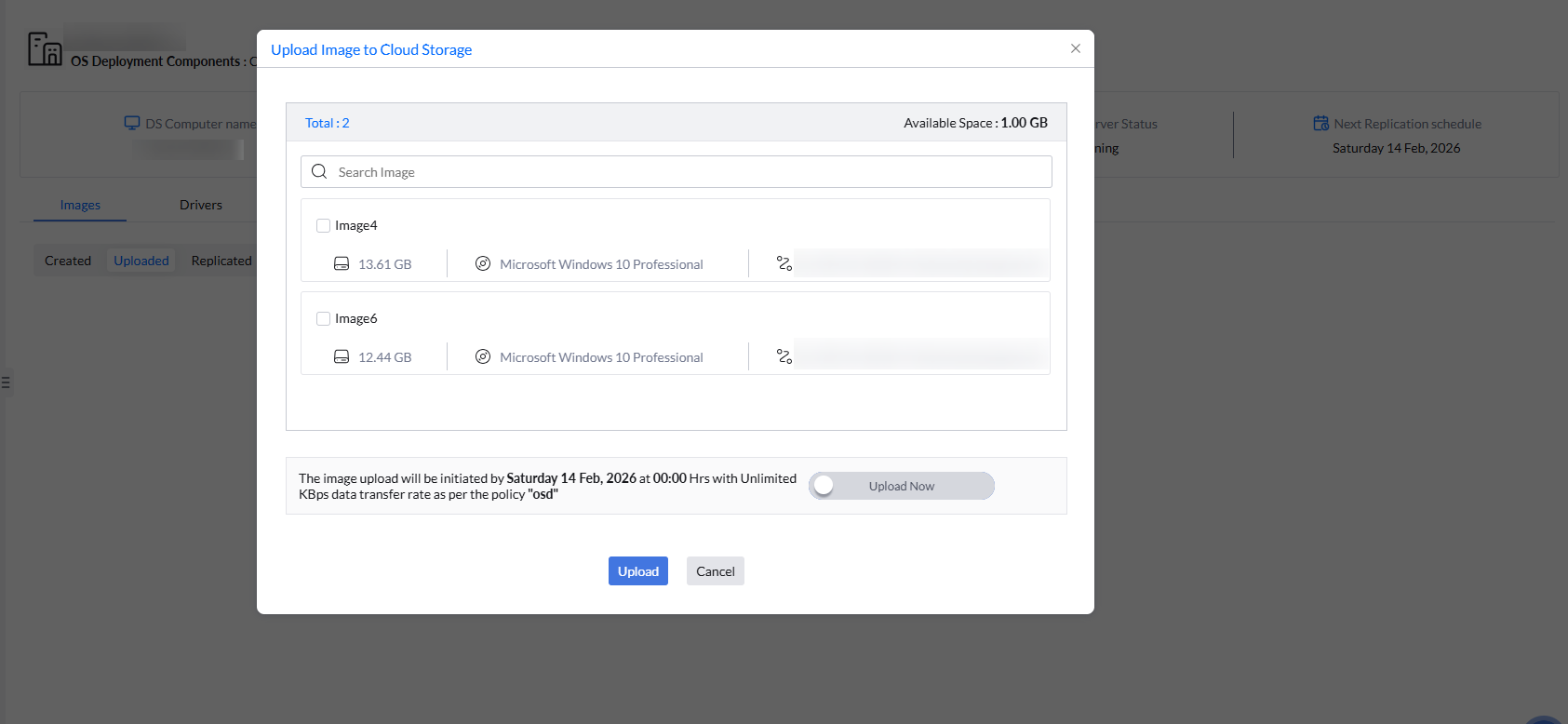 Cloud image replication configuration settings displayed in the Remote Office view of OS Deployer