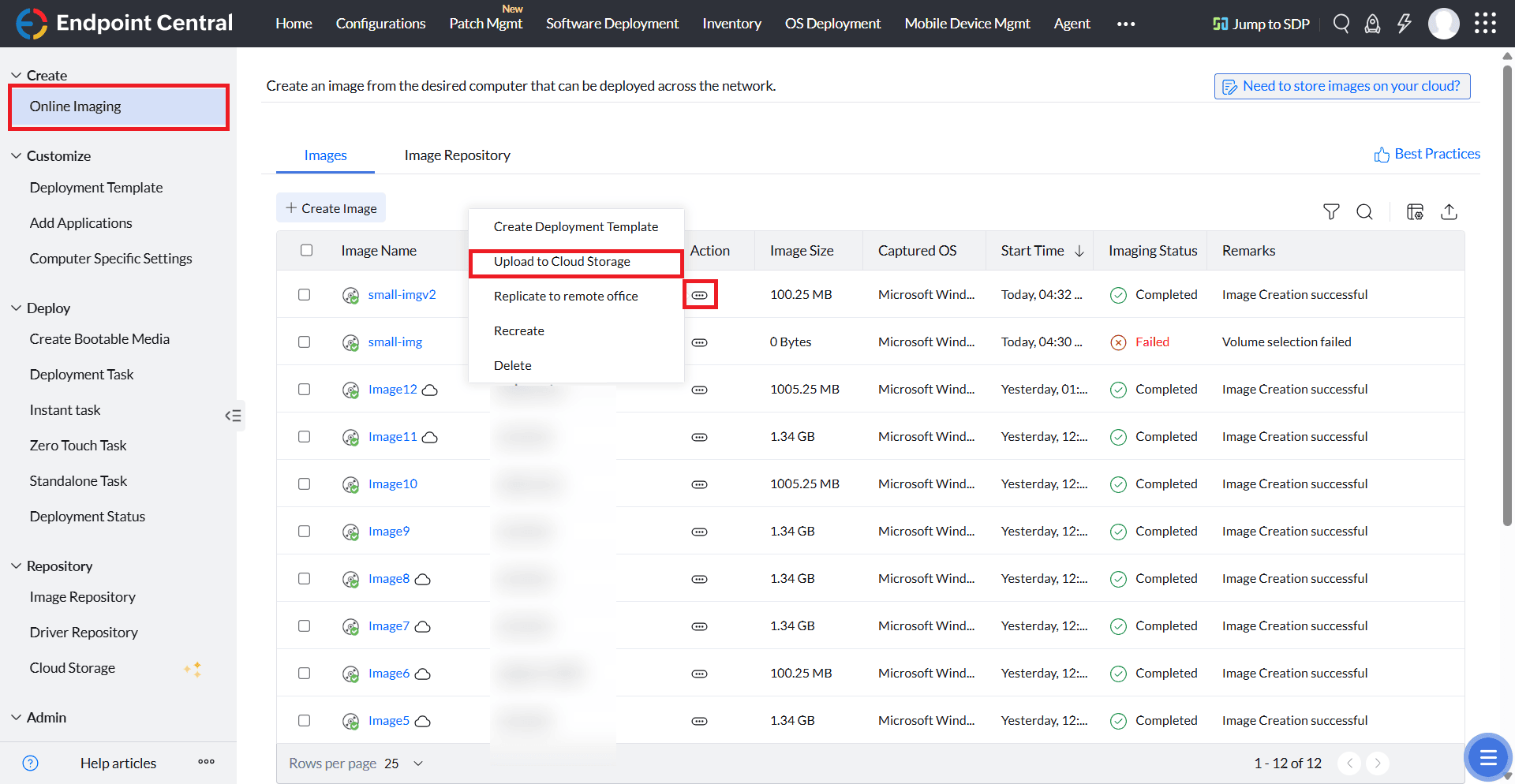 Upload and replicate OS image to Zoho Cloud from the Create Image view in OS Deployer