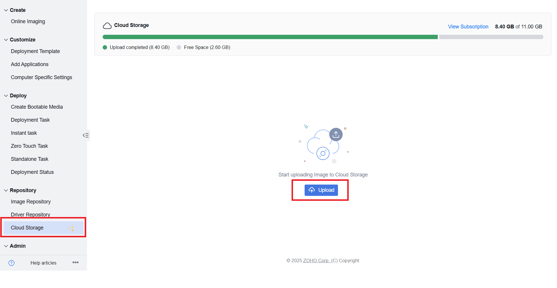 Upload OS image to Zoho Cloud from Cloud Storage view in OS Deployer for remote office replication