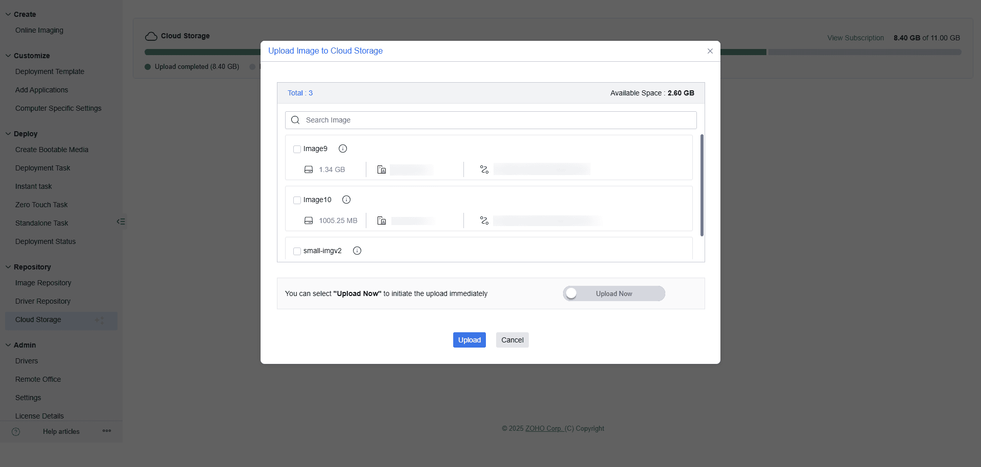 Select and confirm OS image upload to Zoho Cloud storage in OS Deployer