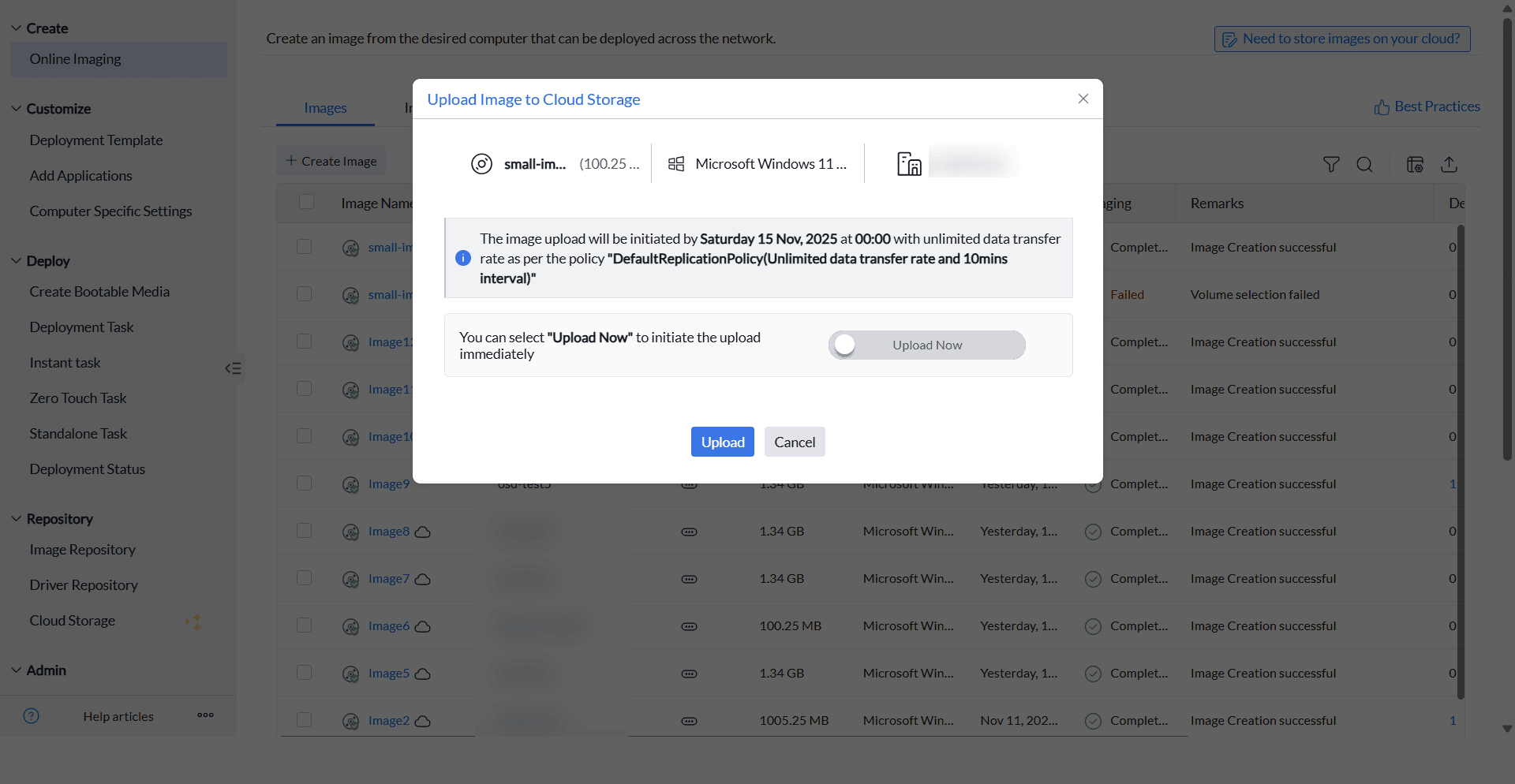 Cloud Storage view displaying uploaded OS images available for replication in OS Deployer