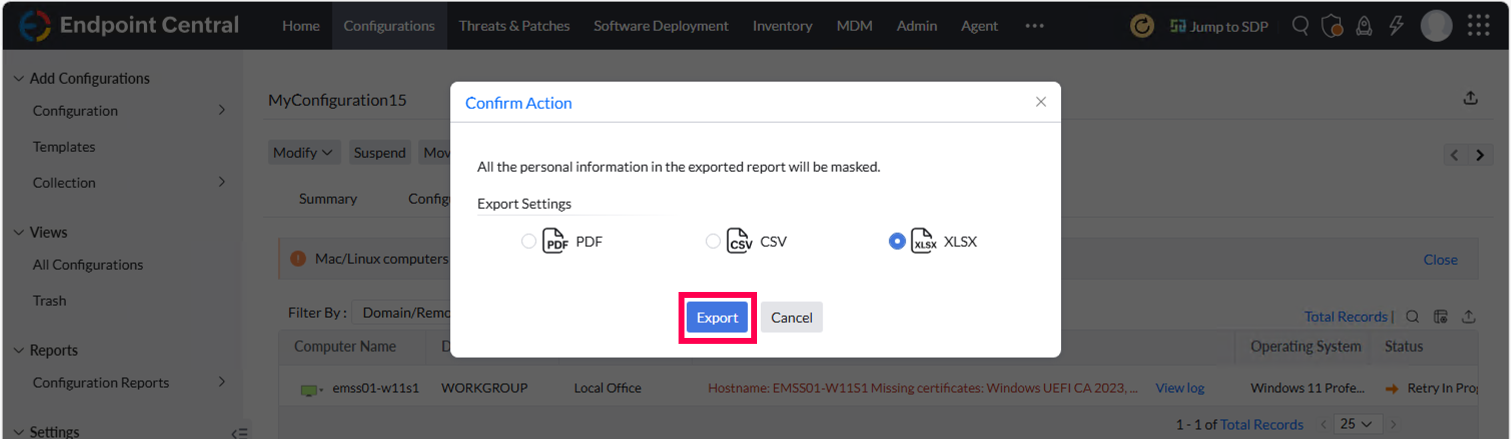 Selecting the export report type.