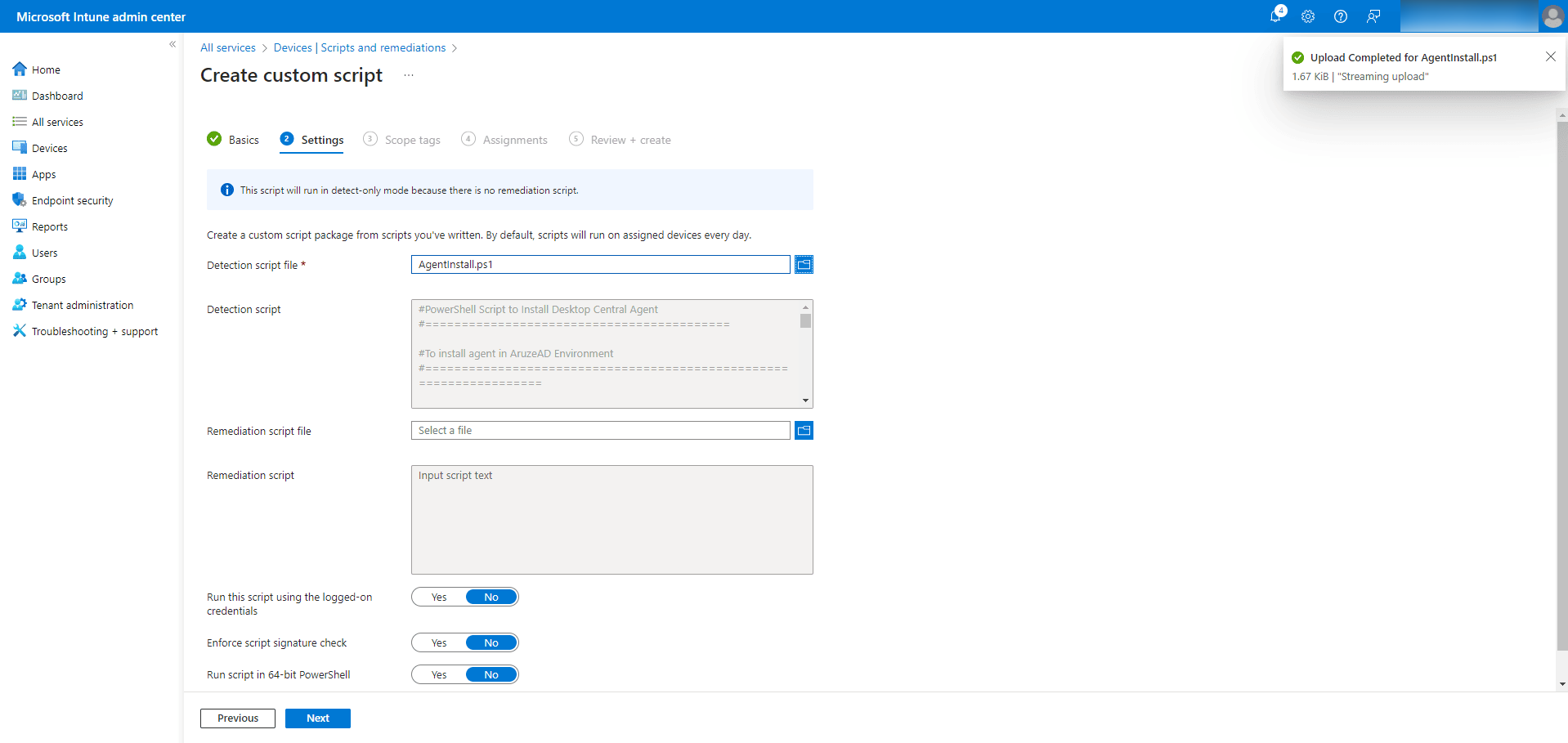 In the Settings section, browse to the location of the AgentInstall.ps1 file and click Open.