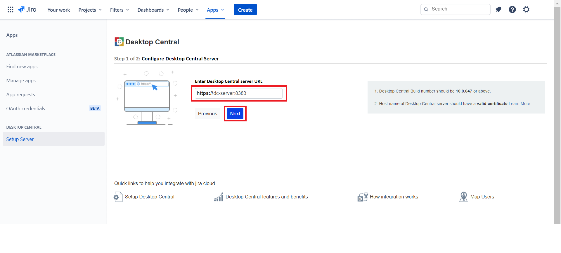 Endpoint Central server URL and port number in Jira Service Management Cloud