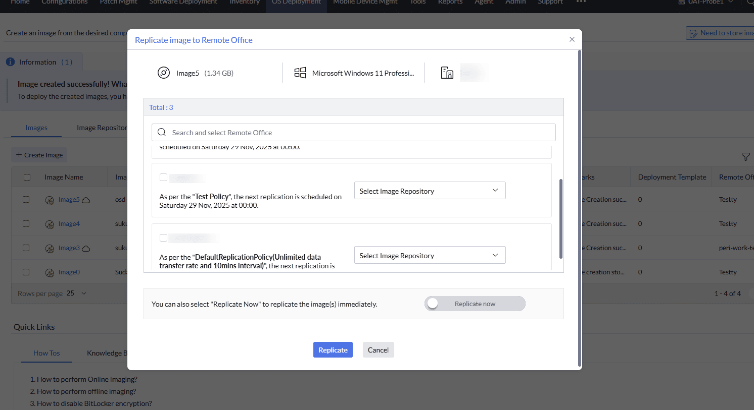 Initiate image replication to a remote office from the OS Deployer console