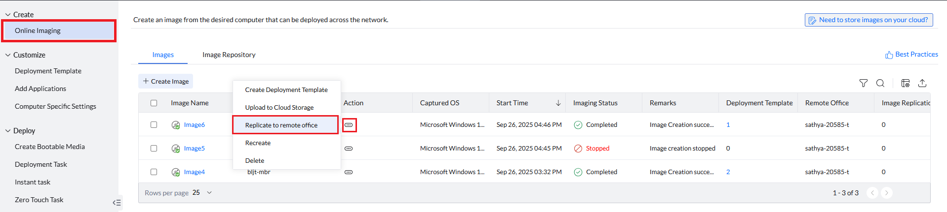 Select OS image and configure replication settings to replicate image to remote office in OS Deployer