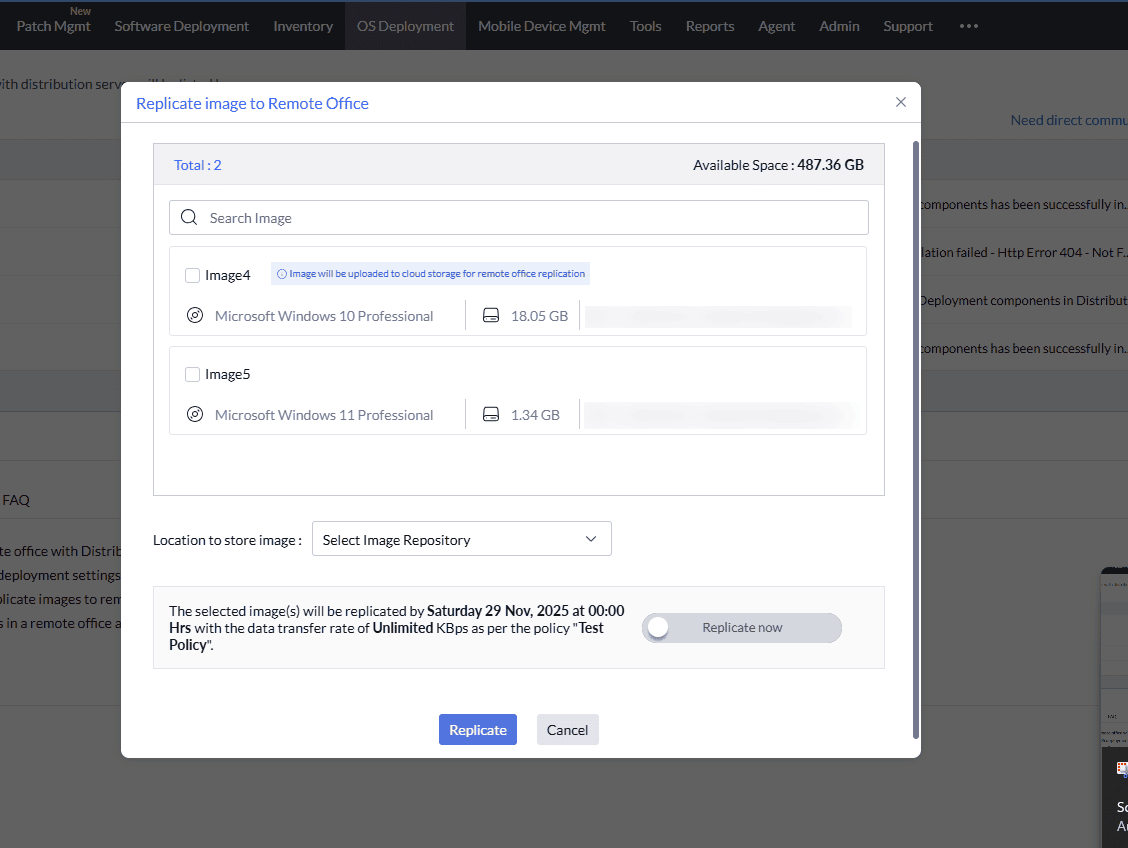 Select multiple remote offices and initiate cloud image replication from the Remote Office view in OS Deployer