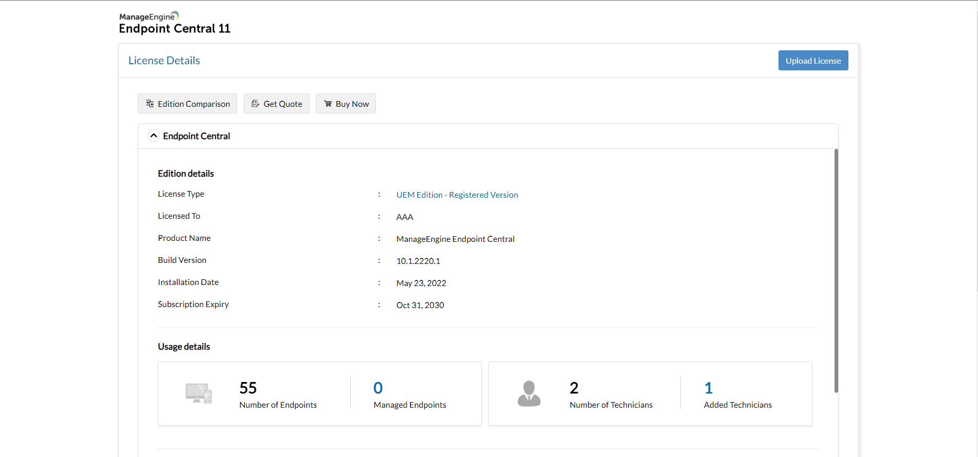 Licensing the product ManageEngine Endpoint Central