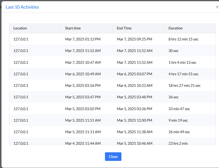 Central Server 用户登录详细信息的备用视图截图