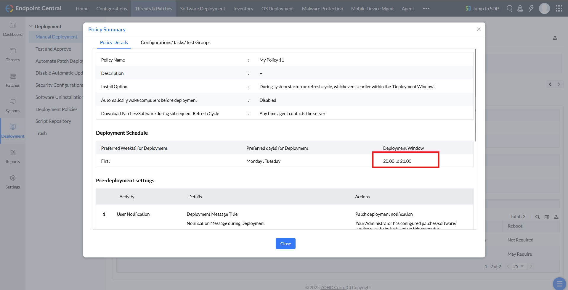 Configured deployment window in the policy summary