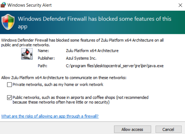 Заблокированный фаервол. Windows Defender Firewall. Zulu platform x64 Architecture что это. Security Alert. MANAGEENGINE Endpoint Central.